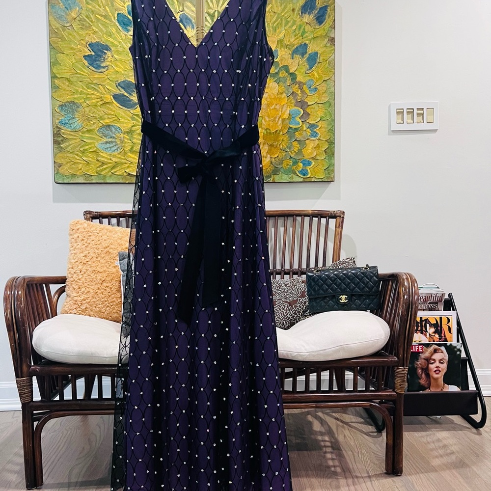 Papell Boutique Plum/Purple  Beaded Maxi Dress with Black Sash